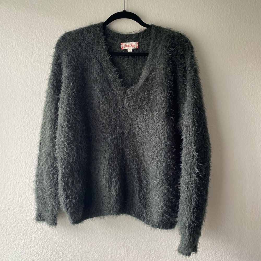 PINK ROSE green fuzzy sweater shirt